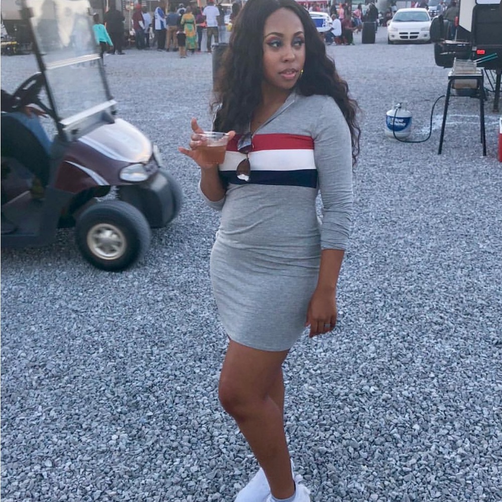 Gray Long Sleeve Dress with Red, White, and Blue Stripes